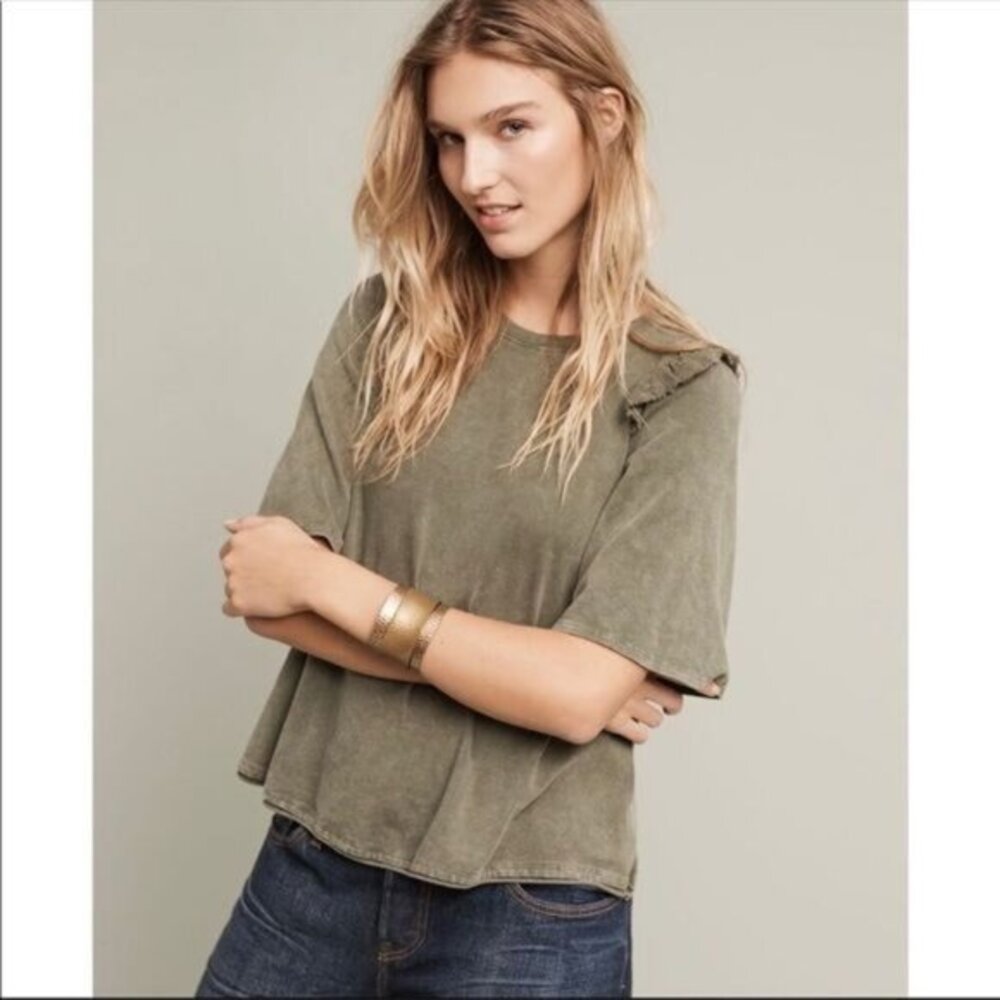 Anthropologie Eri + Ali Green Top XS Shirt Blouse Ruffle Short Sleeve Astoria